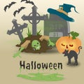 Childrens illustration in the style of flat, on the eve of all saints day, Halloween, zombies in the cemetery gets out of the