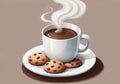 Childrens Illustration Of White Background, Cup Of Steaming Hot Coffee And Chocolate Chip Cookies Filled With Choco. Generative AI Royalty Free Stock Photo