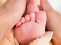 Childrens legs on moms hands. Photo of the feet of a newborn. In the arms of mother Royalty Free Stock Photo