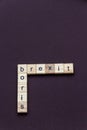 Childrens letter blocks spelling Boris and Brexit, like a crossword, portrait, copyspace