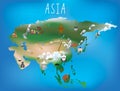 Childrens map, asia and asian continent with landm