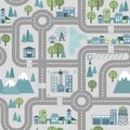 Childrens map road seamless pattern. Vector cartoon illustration of children's mat for road play. City adventure map