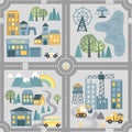 Childrens map road seamless pattern. Vector cartoon illustration of children's mat for road play. City adventure map