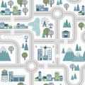 Childrens map road seamless pattern. Vector cartoon illustration of children's mat for road play. City adventure map