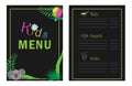 Childrens menu template. Cafe menu design for kids. Kid menu frame. Menu for children with palm leaf koalla and parrot