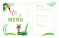 Childrens menu template. Cafe menu design for kids. Kid menu frame. Menu for children with palm leaf koalla and parrot
