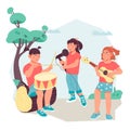 Childrens musical summer camp with kids playing musical instruments, vector. Royalty Free Stock Photo