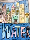 Childrens painting cityscape saving water