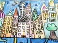 Childrens painting cityscape with tree and blue sky