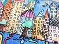 Childrens painting cityscape with tree and blue sky