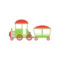 Childrens passenger toy train, green and red cartoon railroad toy with locomotive vector Illustration on a white Royalty Free Stock Photo