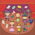 Childrens performance in the theater. Kindergarten musical. School kids playing. Stage, entertaiment, cinema. Little