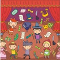 Childrens performance in the theater. Kindergarten musical. School kids playing. Stage, entertaiment, cinema. Little