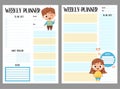 Childrens planner. Weekly organizer, to-do list, notes and habit tracker with cute cartoon fair-skinned boy and girl Royalty Free Stock Photo