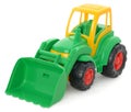 Childrens plastic toy, yellow-green bulldozer isolated on white