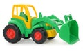 Childrens plastic toy, yellow-green bulldozer isolated on white