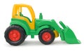 Childrens plastic toy, yellow-green bulldozer isolated on white