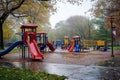 A childrens play area in a park, filled with kids playing, on a rainy day, A lively playground during a soft drizzle, AI Generated Royalty Free Stock Photo