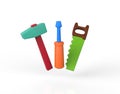 Childrens play toolkit with work tools. Hammer, saw, screwdriver.