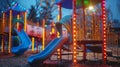 A childrens playground with brightly colored solarpowered lights illuminating the area at night. .