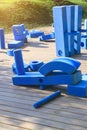 childrens playground in park with blue giant geometric figures for the development of imagination and spatial thinking Royalty Free Stock Photo