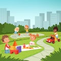 Childrens playing in educational games outdoor . Various equipment for kids