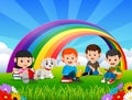 Childrens reading book in the park on rainbow day Royalty Free Stock Photo