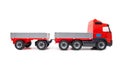 Childrens red toy, truck with a trailer on a white background, isolate Royalty Free Stock Photo