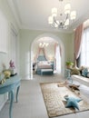 Childrens room with a bedroom and a play area, a classic bed in turquoise color, a sofa and shelving with toys, the walls are