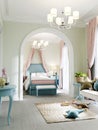 Childrens room with a bedroom and a play area, a classic bed in turquoise color, a sofa and shelving with toys, the walls are