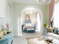 Childrens room with a bedroom and a play area, a classic bed in turquoise color, a sofa and shelving with toys, the walls are