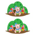 Childrens room with a set of toys and a piglet doll. Full color vector illustration. Royalty Free Stock Photo