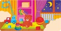 Childrens room with toys and a bed outside the window night and the month shines, vector illustration Royalty Free Stock Photo