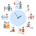 Childrens daily routine table with cute child boy, cartoon vector illustration.