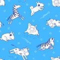 Childrens seamless pattern with cute dogs, zebras and cows. Vector illustration in doodle style on a blue. Royalty Free Stock Photo