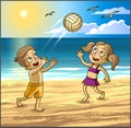 Childrens summer activities. Happy kids boy and girl are playing with ball on sbeach.