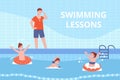 Childrens swimming coach. Swim lessons club, learn kid swimmers with instructor poolside, cartoon teacher and child