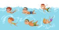 Childrens swimming in pool. Cheerful and active little boys and girls swimming in pool. Boys and girls in swimwear are