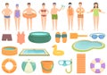 Childrens swimming pool icons set cartoon vector. Activity swimwear