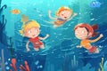 Childrens swimming underwater in the sea or pool cartoon, concept of Water play
