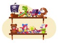 Childrens toys on shelves in room. Pirate ship, doll and cars. Dino and plush animals. Ball and plane. Funny clock and