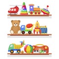 Childrens toys on the shelves