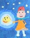 Childrens watercolor painting: girl with lantern