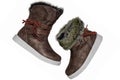 Childrens winter boots. Close-up of a pair elegant brown suede leather winter boots and lined with fur. Girls winter shoe fashion