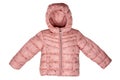 Childrens winter jacket. Stylish pink warm winter down jacket for kids  on a white background. Winter fashion Royalty Free Stock Photo