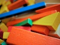 Childrens Wooden Building Blocks Brightly Colored in Toy Box