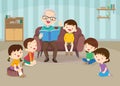 childrent boy and girl listen grandparents reading on sofa Royalty Free Stock Photo