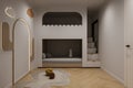 The Childroom is decorated with White wall Paint Wood wall lights and toys so, 3D rendering