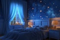 Childs Bedroom With Bed, Night Sky, and Window. Generative AI Royalty Free Stock Photo