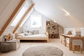 Childs bedroom in a loft conversion bright play space wooden bed shelving with table and chair large dormer window Generative AI